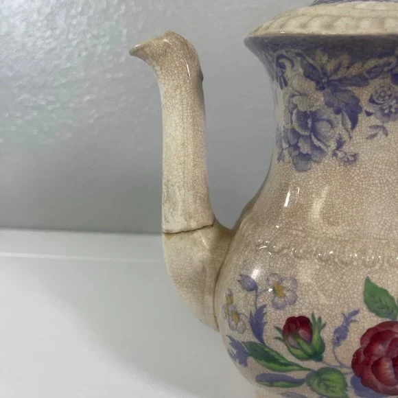 VTG Copeland SPODE Mayflower Coffee or Tea Pot Lavender British Flowers Damaged - Picture 3 of 10